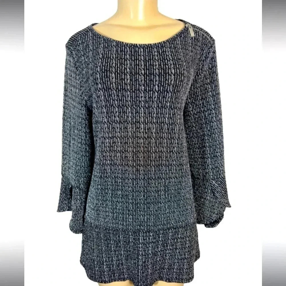 CHAUS SILVER‎ & BLACK SPARKLE TOP BELL SLEEVES STRETCH SCOOP NECK SIZE LARGE NWT